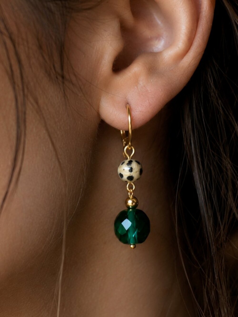 Dalmatian Jasper & Green Glass Earrings – Boho Drop Earrings, 24k Gold Plated